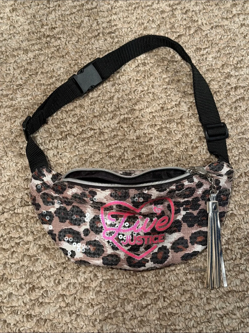 Justice Sequin Leopard Print Waist Bag with Pink Logo
